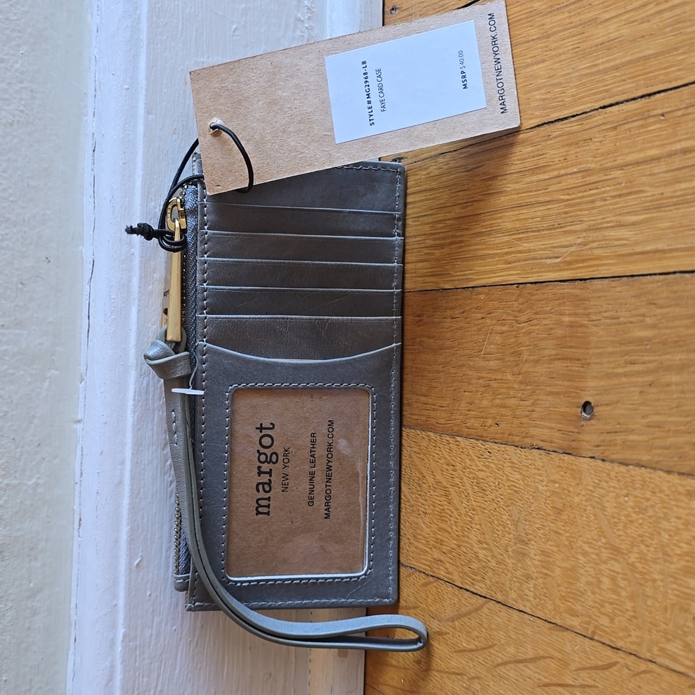 NWT, Margot New York, Faye, 100% Leather Card Case, Gray, 3.25"H x 6.25"W